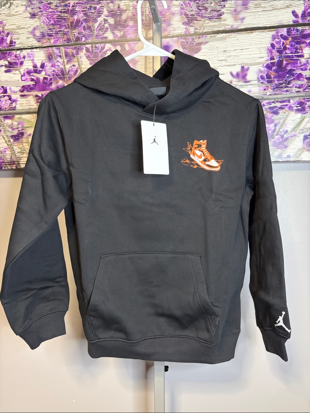 Boys Air Jordan Black Hoodie with Orange Sneaker Graphic NWT